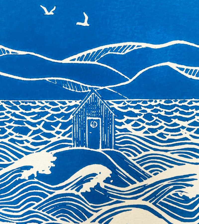 Inge Marie Kirketerp Hansen Linoleumstryk: Han gemmer mig i sin hytte, A4 Plakat, Blå* Kondolencehilsen|Sorg-bearbejdning