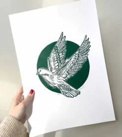 Inge Marie Kirketerp Hansen Linoleumstryk, Håbefugl, Grøn, A3 Plakat* Mors Dag|Gave-ideer