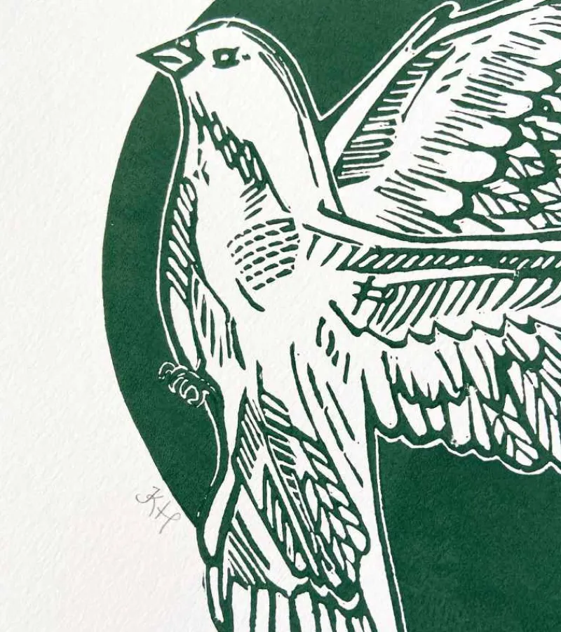 Inge Marie Kirketerp Hansen Linoleumstryk, Håbefugl, Grøn, A3 Plakat* Mors Dag|Gave-ideer