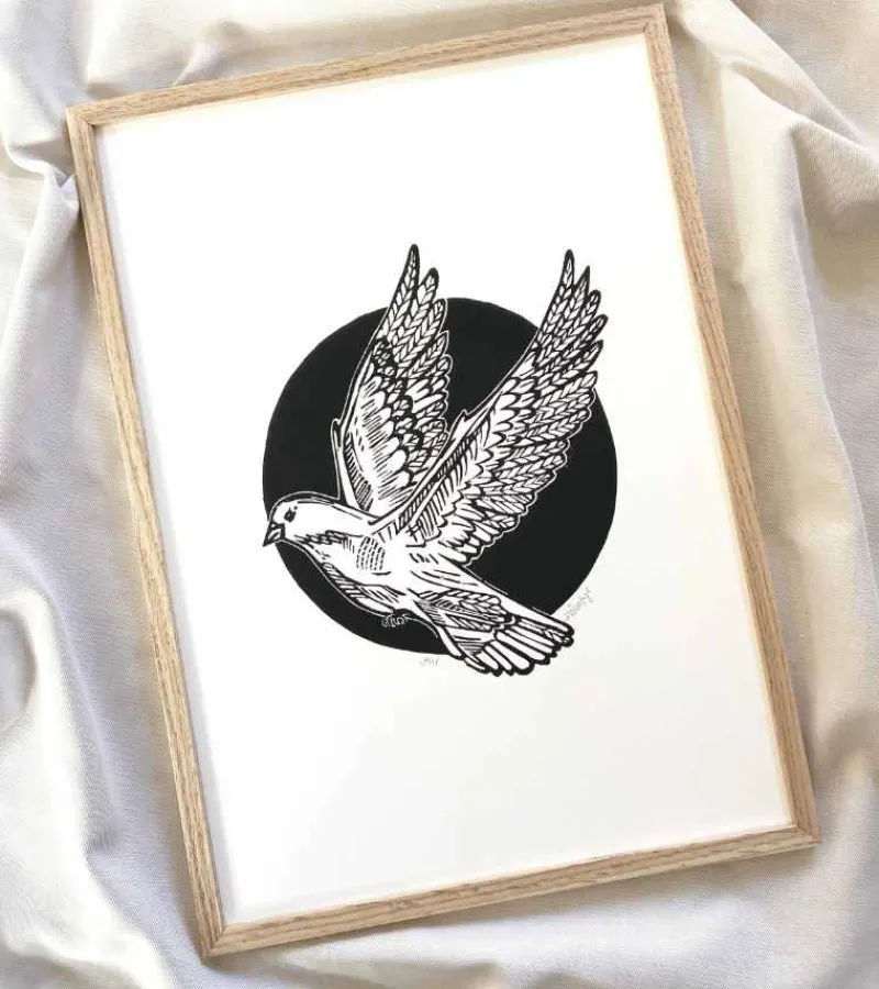 Inge Marie Kirketerp Hansen Linoleumstryk, Håbefugl, sort, A3 Plakat* Mors Dag|Gave-ideer