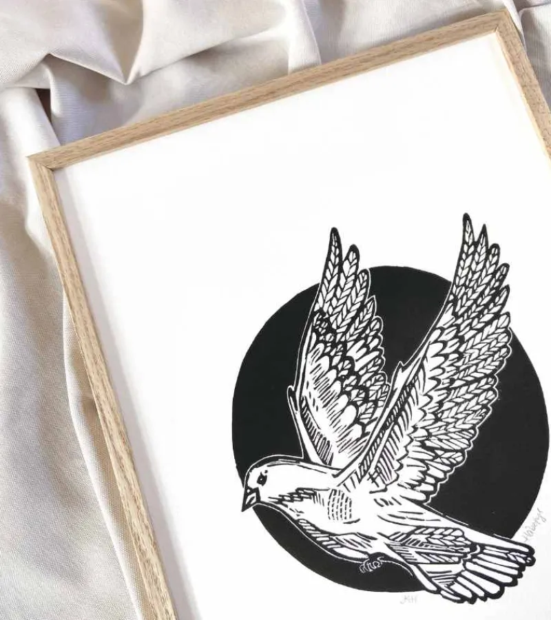 Inge Marie Kirketerp Hansen Linoleumstryk, Håbefugl, sort, A3 Plakat* Mors Dag|Gave-ideer