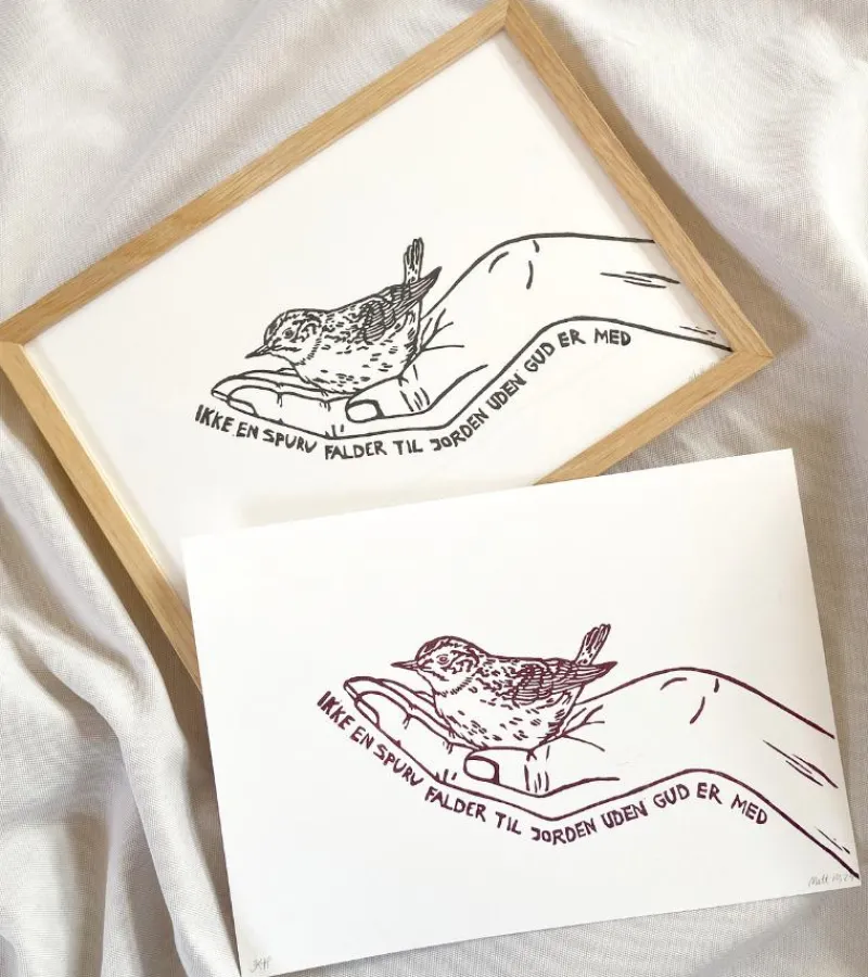 Inge Marie Kirketerp Hansen Linoleumstryk: Ikke en spurv, A4 Plakat, Sort* Minde-ting|Sorg-bearbejdning