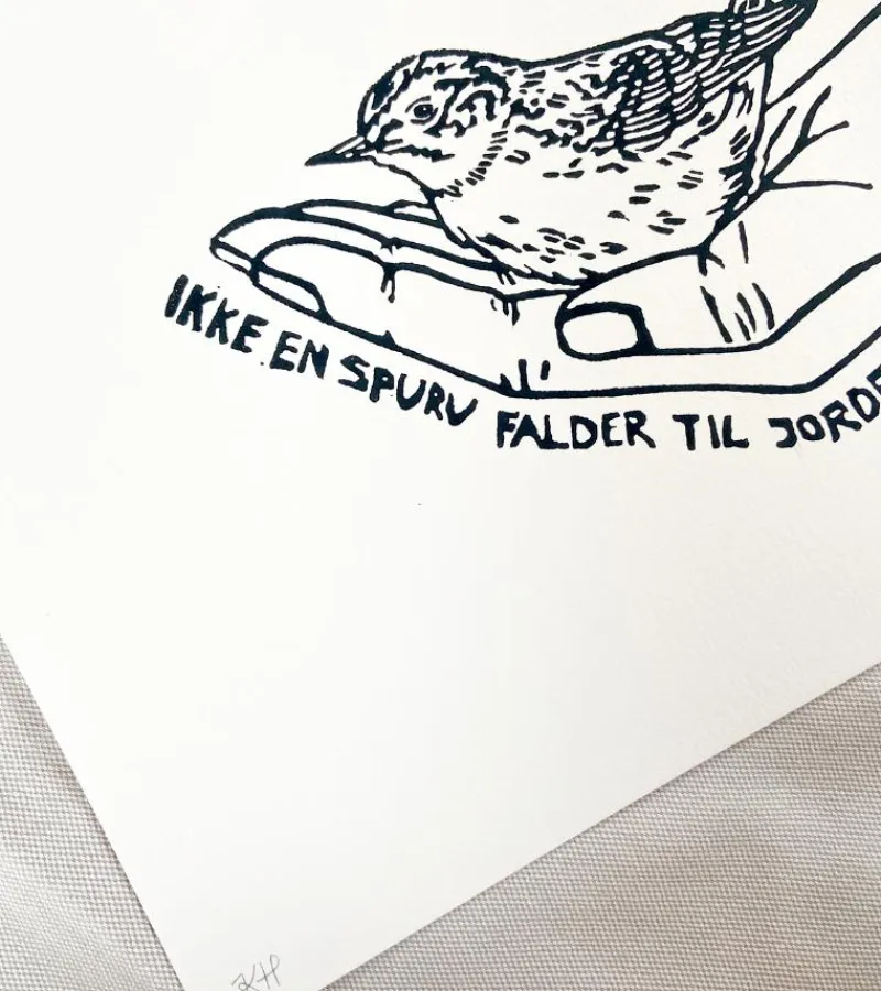 Inge Marie Kirketerp Hansen Linoleumstryk: Ikke en spurv, A4 Plakat, Sort* Minde-ting|Sorg-bearbejdning