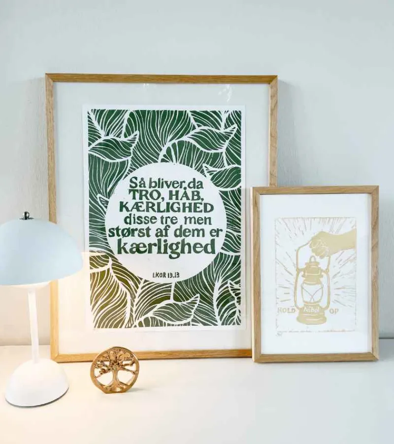 Inge Marie Kirketerp Hansen Linoleumstryk: Tro, Håb og Kærlighed, A3 Plakat, Flaskegrøn* Bryllup|Gave-ideer