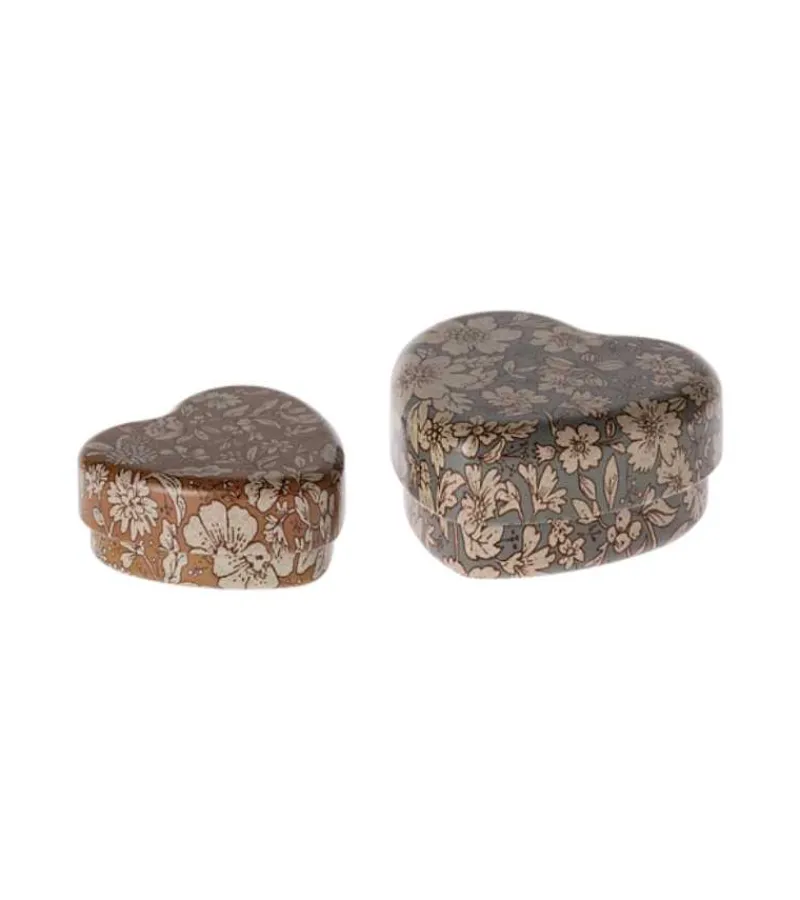 Maileg Metal hjerteæske, Blossom, Sæt med 2 – Blå/Okker,* Små Gaver|Accessories
